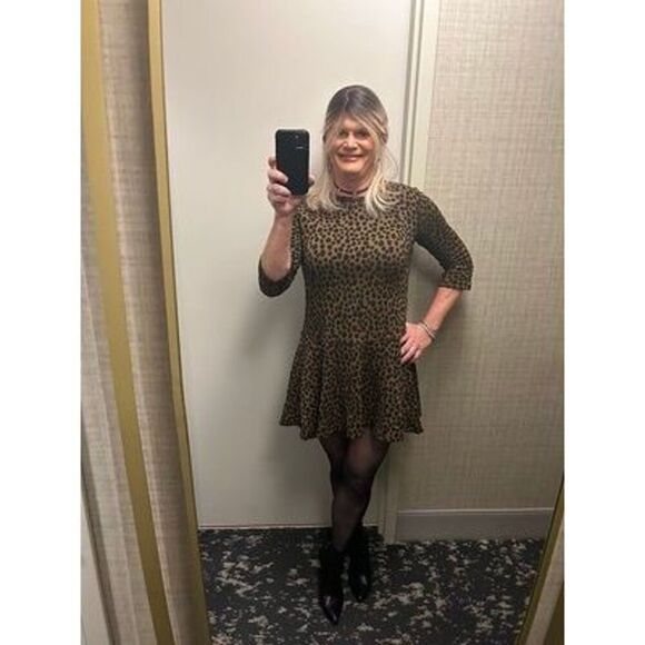 Ann Taylor Loft Size S Animal Print Drop Waist Mini Dress Brown Black Spot Flare - Picture 4 of 16